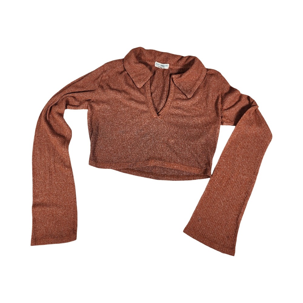 Earthbound Trading Co Rust Brown Ribbed‎ Knit Flare Sleeve Crop Top Small
